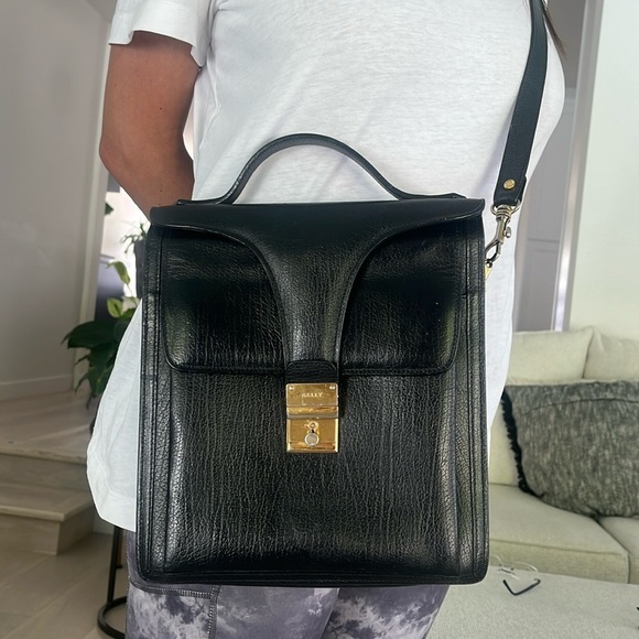 Bally Bag Black Leather Top Handle Satchel with Crossbody Strap Vintage Handbag - Picture 2 of 16
